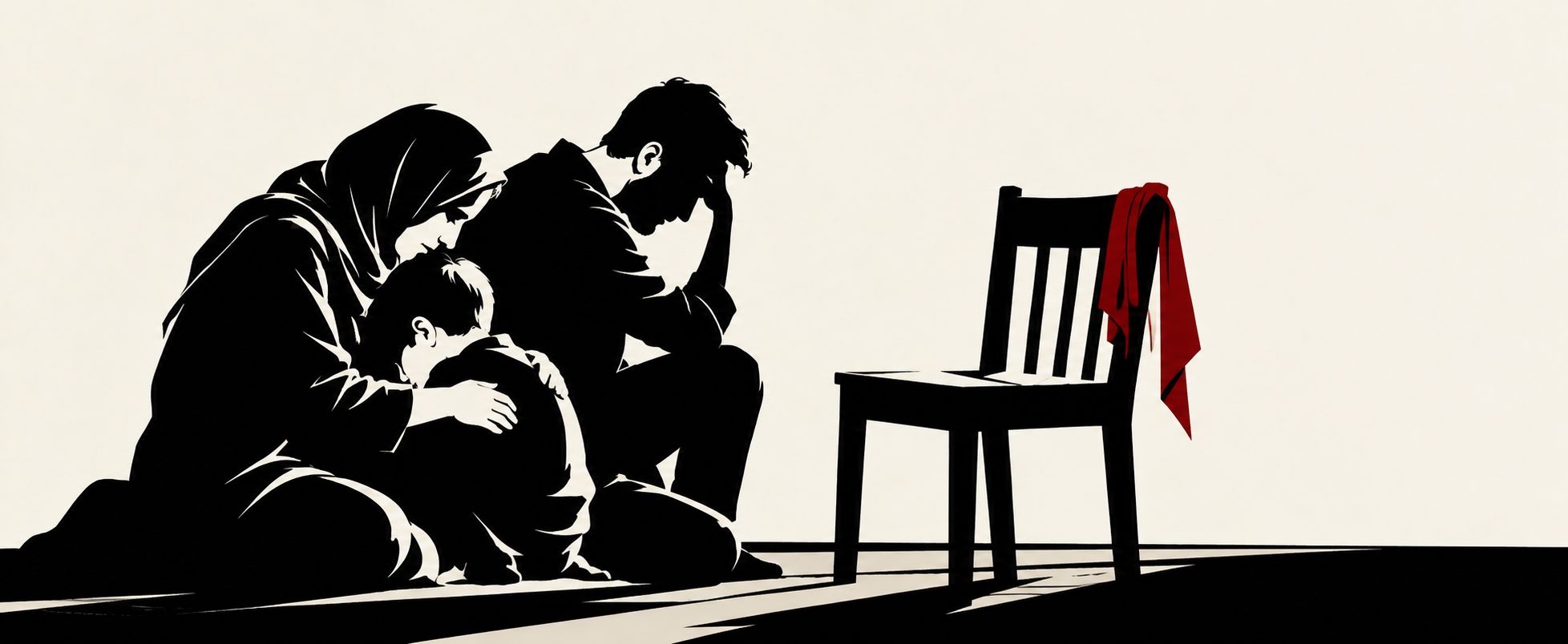 A symbolic picture of a family in mourning, beside an empty chair and a red shawl. This is not a documentary photograph of a real person.